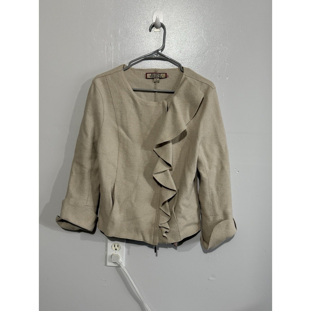 Beyond Threads  Jacket Womens M Beige Alpaca Wool Blend Ruffle Zip A-Symmetrical